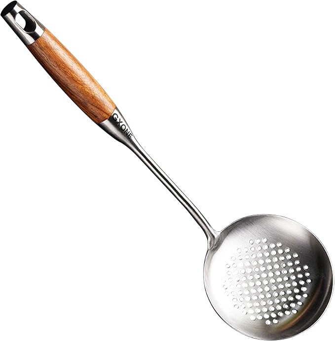 Slotted Spoon,Strainer Skimmer Ladle for Cooking and Frying,15.8Inch | 304 Stainless Steel,Wooden handle,Strainer Skimmer Ladle,Strainer Pasta Spoon,For Kitchen Cooking by GXONEHomeKitchen