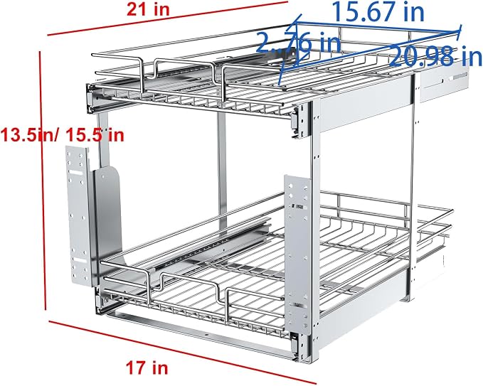 2 Tier Pull Out Cabinet Organizer, 17" W x 21" D Heavy-Duty Metal Sliding Drawer Shelf for Kitchen Cabinets, Chrome, Doesn't Include Door Fittings - Image 2