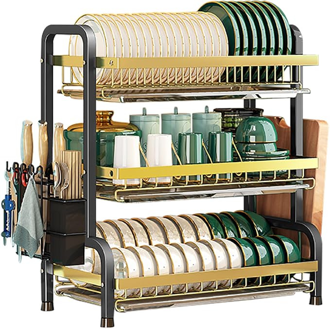 CAKERS Dish Drying Rack with Removable Drain Tray|Carbon Steel Dish Strainers for Kitchen Counter|Tableware Holder Dinnerware Drainer Organizer,Black Gold,3 Tier(Extra Long)-Main Shelf with Set by CAKERS