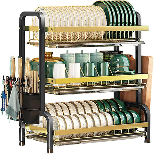 CAKERS Dish Drying Rack with Removable Drain Tray|Carbon Steel Dish Strainers for Kitchen Counter|Tableware Holder Dinnerware Drainer Organizer,Black Gold,3 Tier(Extra Long)-Main Shelf with Set by CAKERS