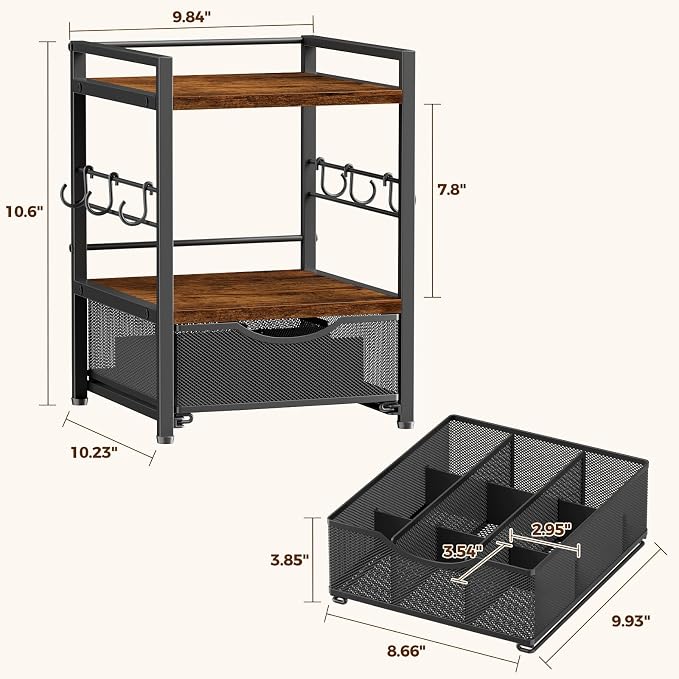 Plaviya 3-Tier Tea Bag Organizer with Drawer for Countertop | Tea Bag Holder and Storage, 9 Compartments, 6 Hooks for Cup, Utility Tea Box, Office, Kitchen, Rustic Brown - Image 3