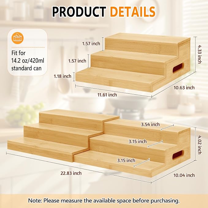 2 Pack 3-Tier Bamboo Expandable Can Rack Organizer for Pantry | Stackable Canned Food Organizers and Storage, Kitchen Cabinet, Food Can Holders Dispensers for Pantry Up To 48 Cans - Image 3