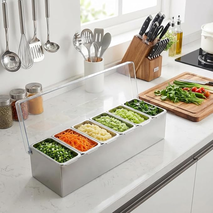 Boao 6 Slot Ice Chilled Stainless Steel Condiment Caddy with 4 Ice Packs, 20oz Compartment Garnish Tray, Toppings Containers with Lids for Summer Bar BBQ Picnic Sauce Fruit Party Food Station - Image 5