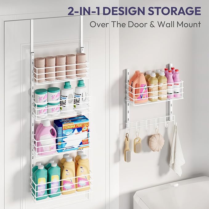 SWTYMIKI Over The Door Organizer - Door Organizer Hanging with 5 Adjustable Metal Large Capacity Basket and 6 Coat Hook, Wall Mounted Shelf for Bedroom Closet Bathroom Laundry Pantry Cabinet Kitchen - Image 8