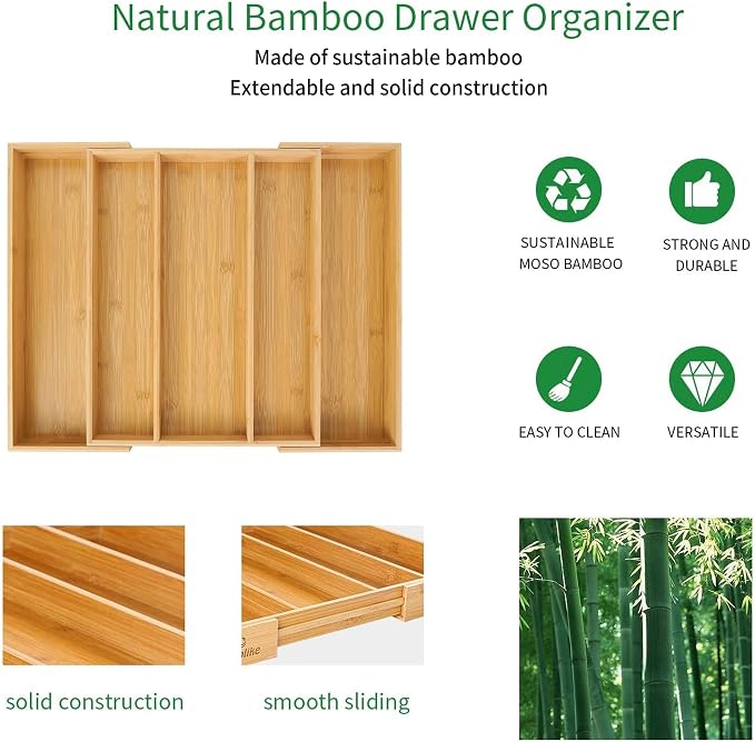 Utoplike Bamboo Expandable Kitchen Drawer Organizer Silverware Utensil Tray | Cutlery Holder, Drawers Divider for Large Utensils, Flatware, Knives, Spatulas in Kitchen, Office, Adjustable 3-5 Slots - Image 6