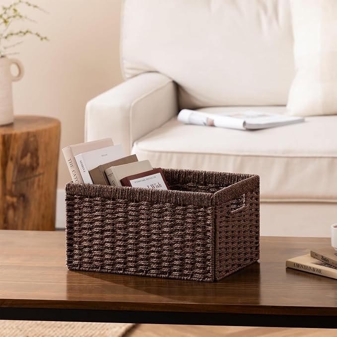joybest Wicker Storage Baskets, 2pack Hand-Woven Paper Rope Wicker Baskets for Organizing, Foldable Rectangular Storage Organizer Bins for Shelves with Built-in Handles 13.4L x 8.3W x 7.1H, Dark Brown - Image 3