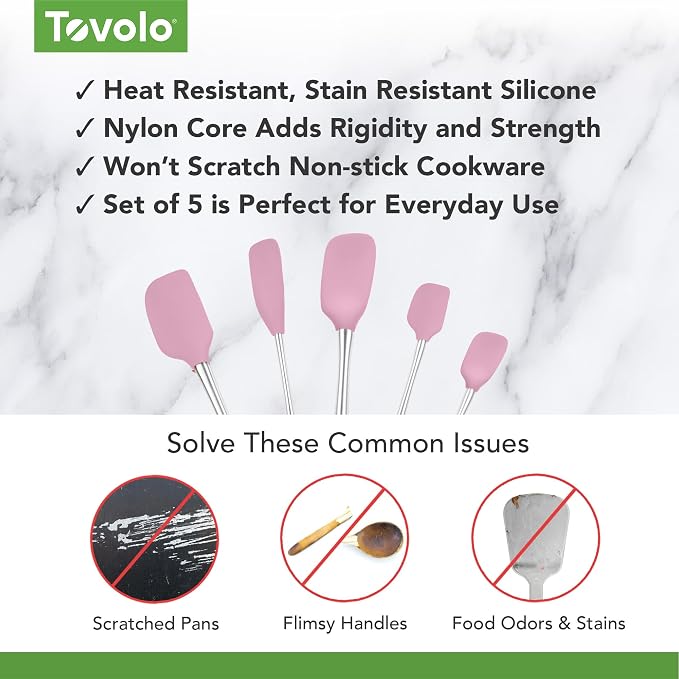 Tovolo Stainless Steel Handled Silicone Spatula Set of 5 Pink Sorbet, Dishwasher Safe Kitchen Spatula Set for Cooking Baking, Non Toxic BPA Free Silicone Spatula set with Metal Steel Handle - Image 3