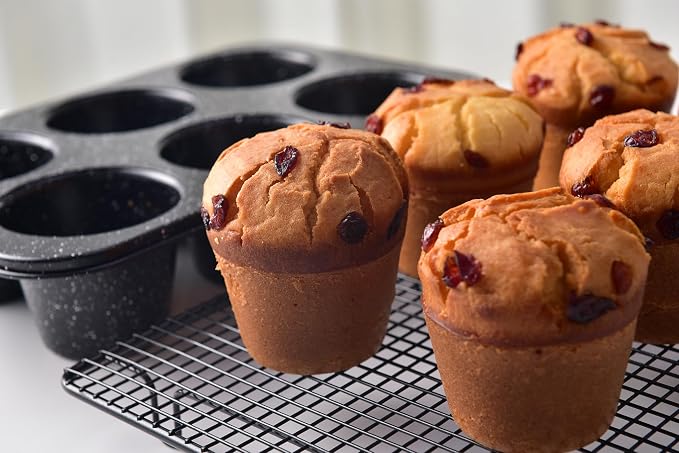 Monfish Jumbo muffin pan 6 Cup, deep muffin pan extra large cupcake tin black granite finish carbon steel baking pan 3.5dia x3 inch cup - Image 6