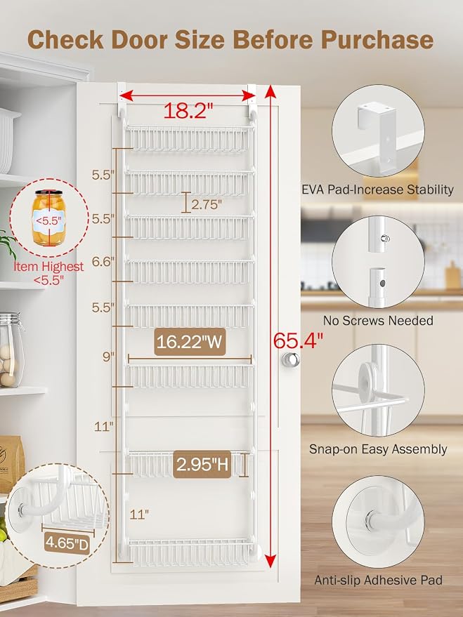Delamu Over The Door Pantry Organizer, 8-Tier Pantry Door Organizers and Storage with Adjustable Basket, Metal Hanging Spice Rack, Seasoning Organizer, Door Organizer for Home Kitchen Bathroom, White - Image 2