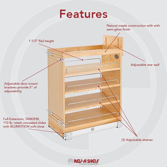Rev-A-Shelf Maple Pullout Organizer w/ BLUM Soft-Close for Base Cabinets, Full Extension Slides & Adjustable Shelves, Min Opening Width of 11.5", 448-BCSC-11C - Image 6