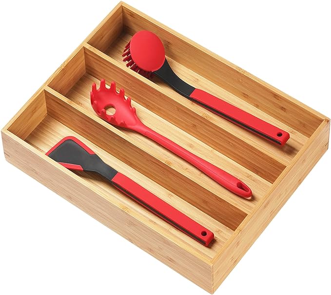 Bamboo Kitchen Utensils Organizer, 13 Inch Drawer Dividers for Silverware, Extra Deep Holder, with Non-Slip Feet, Wood Caddy for Flatware Cutlery by Umilife