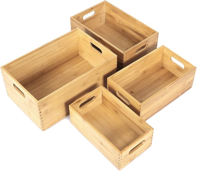 ANMINY Bamboo Storage Bins, Nesting 4PCS, Sturdy Mortise-Tenon Joint | Natural Bamboo Wood Boxes, Built-in Handles, Nestable for Space Saving, Sturdy Corner Joints, Decorative, for Pantry Shelf - Image 8