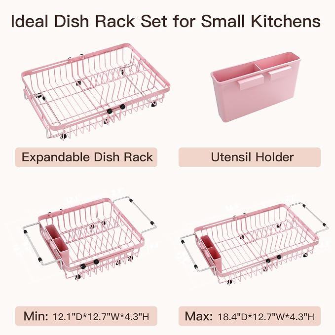 Pink Dish Drying Rack Over The Sink with Utensil Holder | Expandable Stainless Steel Dish Drainer for Small Kitchen, Apartment, RV, Counter Space Saving, Perfect Fit, Rustproof - Image 9