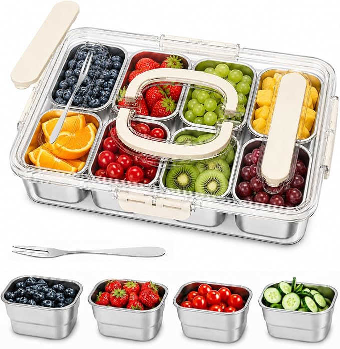 Snackle Box Container, Stainless Steel Divided Serving Tray with Lid, Handle and Forks by ANKOU