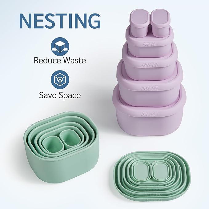 ISSEVE 12Pcs/Set Nesting Silicone Food Storage Containers with Lids | BPA-free, Reusable, Meal Prep Containers, Small Freezer Portions, Dishwasher Cleaning, Nested Cabinet Storage, 5 Sizes, Green - Image 3