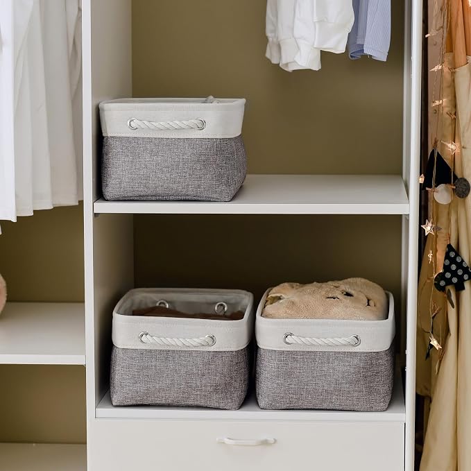 Storage Bins for Shelves - 13.8L×9.8W×6.7H inch 3 Pack Medium Collapsible Storage Baskets for Organizing | Fabric Storage Cubes for Linen Closet Toy Home (White&Grey) - Image 8