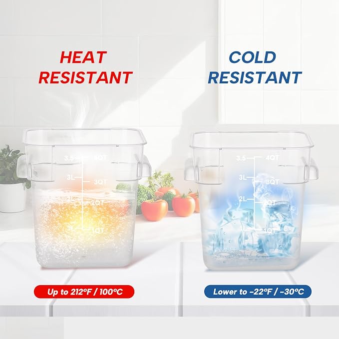 4 Pack 4QT Square Food Storage Containers with Lids | Clear NSF polycarbonate containers with scale, label and measuring cup, stackable for prep, storage, freezer. Dishwasher safe - Image 5