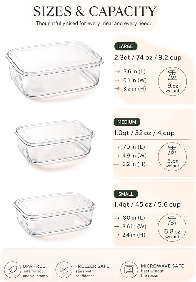 Lustroware 3 Set, Micro Clear Kitchen Pantry Food Storage Container Set with Lid, Shatterproof, BPA Free, Dishwasher, Microwave Safe Canister, Fridge Refrigerator Organizer (1.0qt / 1.4qt / 2.3qt) - Image 2