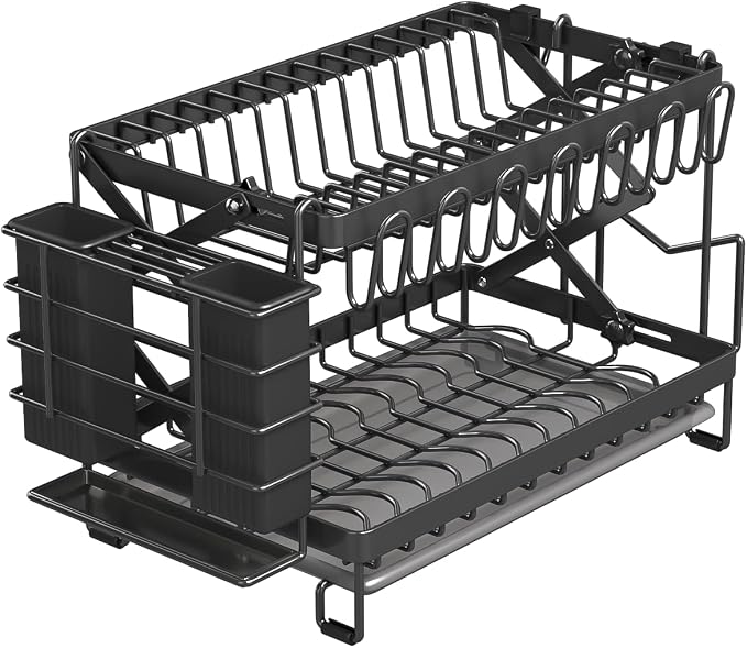 Good Grips Carbon Steel Fold Flat Dish Drying Rack, 2-Tier, with Drainboard, for Kitchen Counter, Collapsible (Black) - Image 2