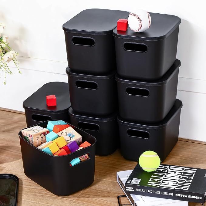 8 Pieces Colorful Storage Bins with Lid, Plastic Storage Basket Organizing Container Stackable Box with Handle for Shelves Desktop Playroom Office(9.8 x 7.1 x 6.3 Inch,Black) - Image 4