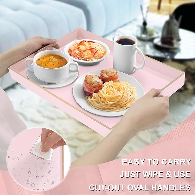 Pink Decorative Tray for Coffee Table, Serving Tray with Handles | Plastic Melamine Tray, Modern Ottoman Tray, Rectangular Countertop Organizer Tray for Living Room, 15.8"L x 10.2"W x 1.4"H - Image 3