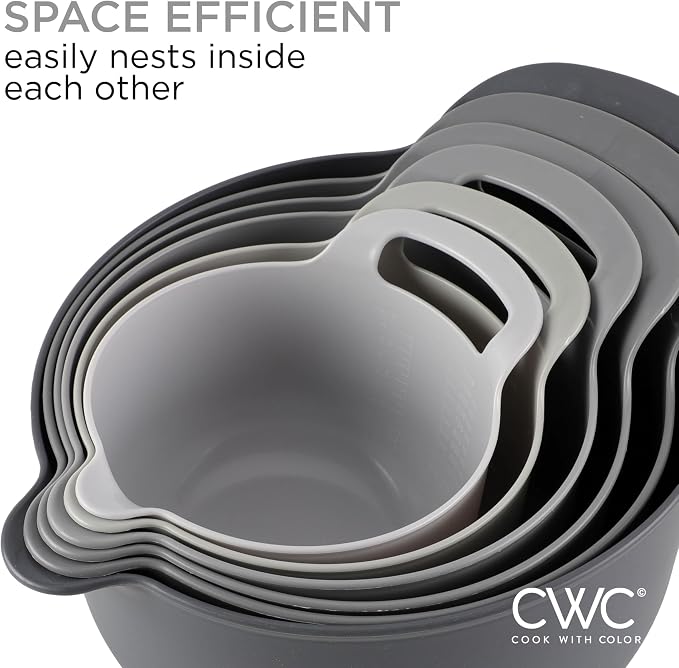 COOK WITH COLOR Nesting Plastic Mixing Bowl Set with Pour Spouts and Handles, Gray, 6 Piece Non-Slip - Image 6