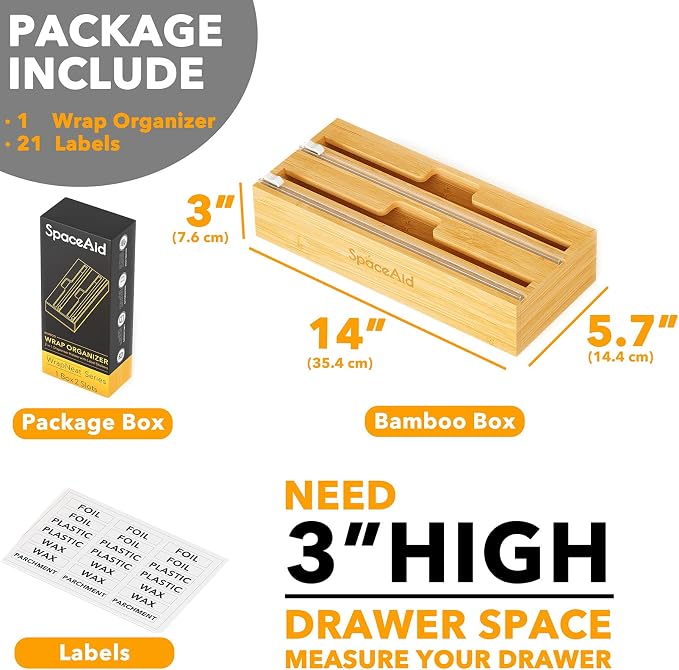 SpaceAid WrapNeat 2 in 1 Wrap Organizer with Cutter and Labels, Plastic Wrap, Aluminum Foil and Wax Bamboo Dispenser for Kitchen Storage Organization Holder for 12" Roll (Natural, 2-Slot) - Image 3