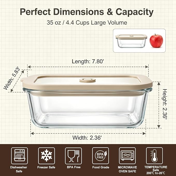 5 Pack 35 oz Glass Meal Prep Containers, Plastic-Free Glass Food Storage Containers with Lids, 4.4 Cups Airtight Glass Lunch Containers for Leftovers, Microwave, Oven, Freezer and Dishwasher - Image 2