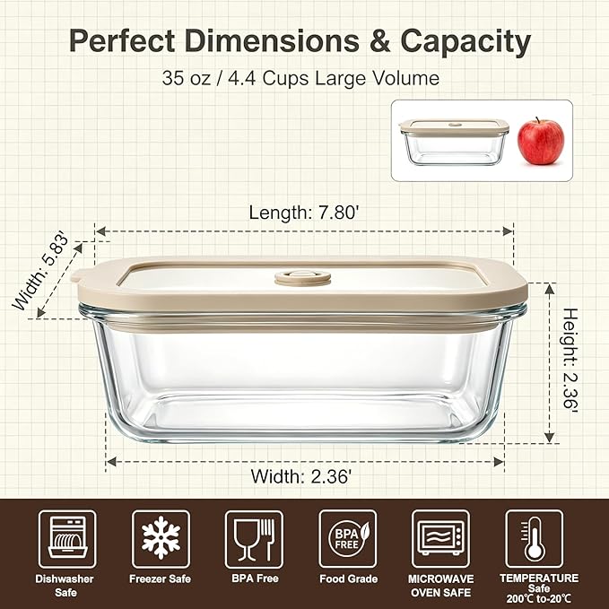 5 Pack 35 oz Glass Meal Prep Containers, Plastic-Free Glass Food Storage Containers with Lids, 4.4 Cups Airtight Glass Lunch Containers for Leftovers, Microwave, Oven, Freezer and Dishwasher - Image 2