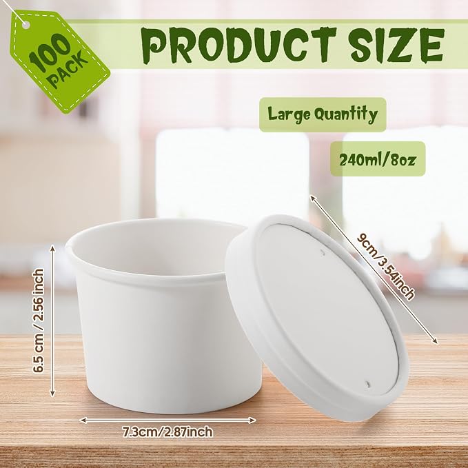 Fulmoon 100 Pack Paper Soup Containers with Lids Disposable Paper Food Containers with Vented Lid Kraft Ice Cream Cake Dessert Cups Soup Bowl for Party Hot Food Fruit Microwave(8 oz,White) - Image 2
