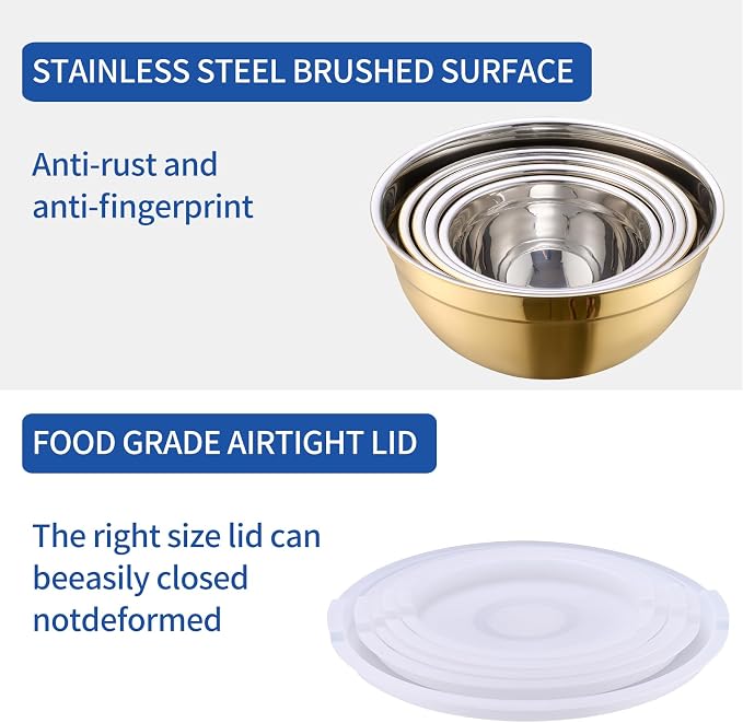 Gold Mixing Bowls With Airtight Lids,Stainless Steel Bowl,Salad Bowls 5 Piece Colorful Nesting Bowl Gold Kitchen Accessories,Size 5.5,3.6,2.7,2.1,1.5QT Stackable Design - Image 4