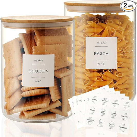 CZZGSM Set of 2 Large Glass Flour and Sugar Containers - 100 Fl oz Thicken Glass Storage Jars with Airtight Bamboo Lid and 132 Kitchen Pantry Labels - Big Clear Rice Containers Farmhouse by CZZGSM