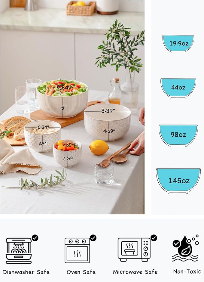 Mikiegy Ceramic Mixing Bowls Set of 4, Nesting Ceramic Embossment Stoneware Mixing Bowls for Cooking, Serving, Popcorn, Salad etc, Microwave & Dishwasher Safe, 20/44/98/145 oz, Off-White - Image 4