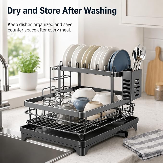 2-Tier 304 Stainless Steel Dish Drying Rack for Kitchen Counter, Gray | Dish rack separates plates, bowls, cups and utensils, while side drainage directs water toward the sink. - Image 8