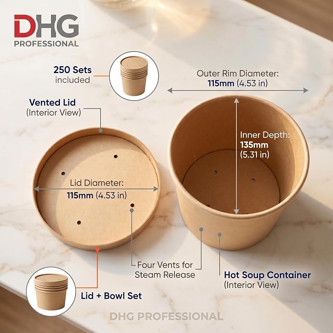 250 Sets Kraft Paper Food Containers With Vented Lids, To Go Hot Soup Bowls, Disposable Ice Cream Cups - Kraft - Image 3