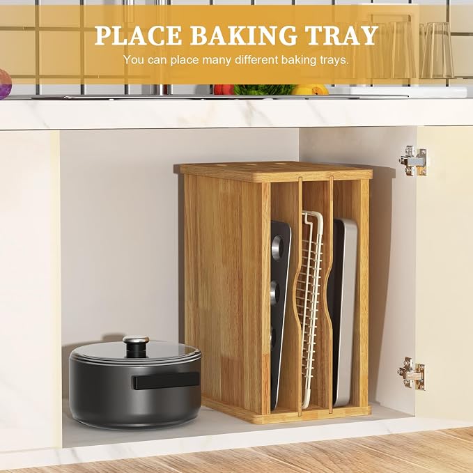 4 Tier Rubber Wooden Tray Dividers for Cabinets, Cookie Sheet Organizer | Heavy Weight, Premium Wood, Multiple Sizes, Saving Space, Vertical Tray Dividers for Storing pans, Baking tray, Cutting Board - Image 7