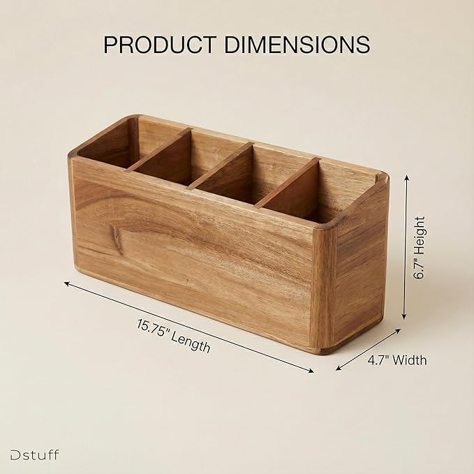 Dstuff Large Kitchen Utensil Holder Organizer for Counter or Countertop, Wooden Storage Container for Cooking and Silverware, Acacia Rustic Wood (4 Compartments) - Image 2