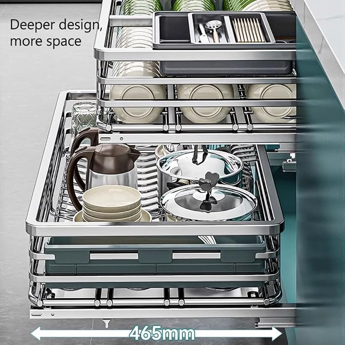 2 Tier Sliding Pull Out Drawers for Kitchen Cabinets, Stainless Steel Drawer Dish Rack Wire Basket, Dish Drying Rack with Drainboard Set, Storage Shelf Home Kitchen - Image 3