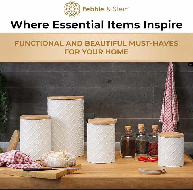 Pebble & Stem® Cream Metal Canister Set for the Kitchen Counter, Food Canister Set of 4, Airtight Lids, Sugar and Flour Containers for Countertops, Coffee and Tea Storage, Farmhouse Decor - Image 8