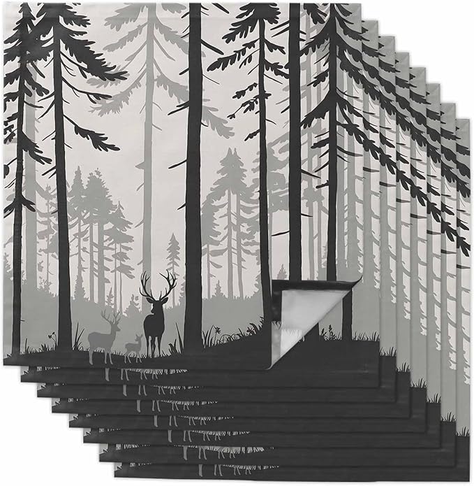 Deer Pine Tree Black Sihouettes Cloth Napkins Set of 8, Foggy Brown Beige Forest Dinner Napkins Cloth Washable, Cocktail Napkins Reusable for Wedding, Party, Birthday (20"x20") by Unknown