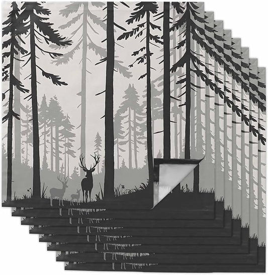 Deer Pine Tree Black Sihouettes Cloth Napkins Set of 8, Foggy Brown Beige Forest Dinner Napkins Cloth Washable, Cocktail Napkins Reusable for Wedding, Party, Birthday (20"x20") by Unknown