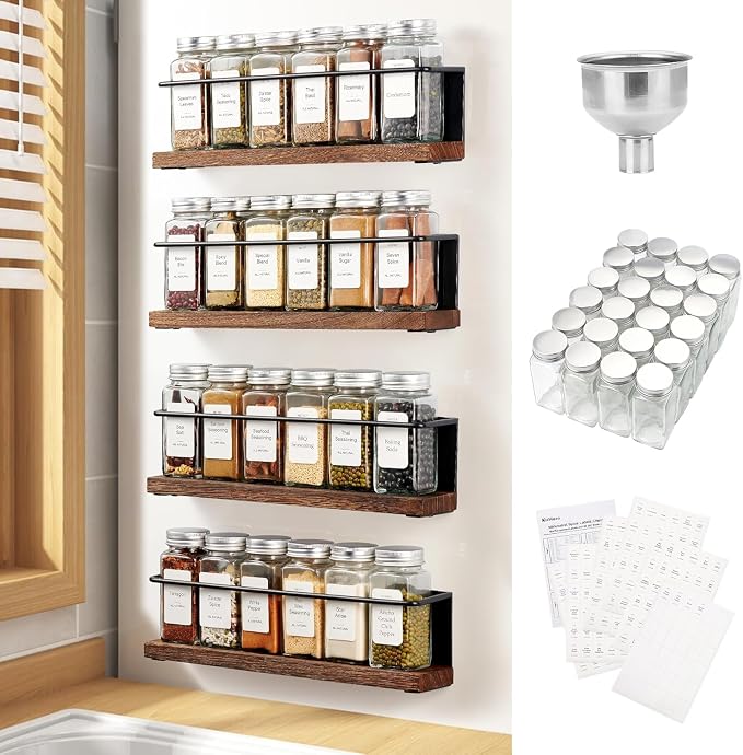 Magnetic Spice Rack with 24 Jars, 216 Labels, 1 Steel Funnel for Refrigerator，Microwave Oven - Full Set of Spice Organizer by KitHero