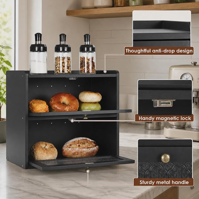 Sunhoo Bread Box for Kitchen Countertop, Large Pine Wood Breadbox, Black | Farmhouse Pantry Container, Double Layer Storage, Fresh Homemade Sourdough Bin, Vintage Textured Acrylic Door, Easy Assembly - Image 4