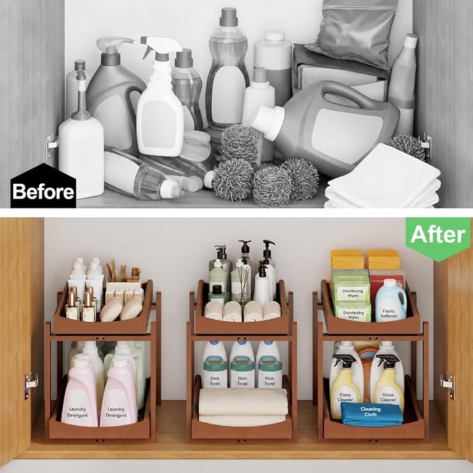 MHXW SXPN Bamboo Under Sink Organizer, 2 Pack Pull Out Cabinet Organizer | 2 Tier Vertical Smooth Slide Out Undersink Storage Shelf | Multi-Purpose Organizer Shelves for Kitchen Bathroom Medicine - Image 8