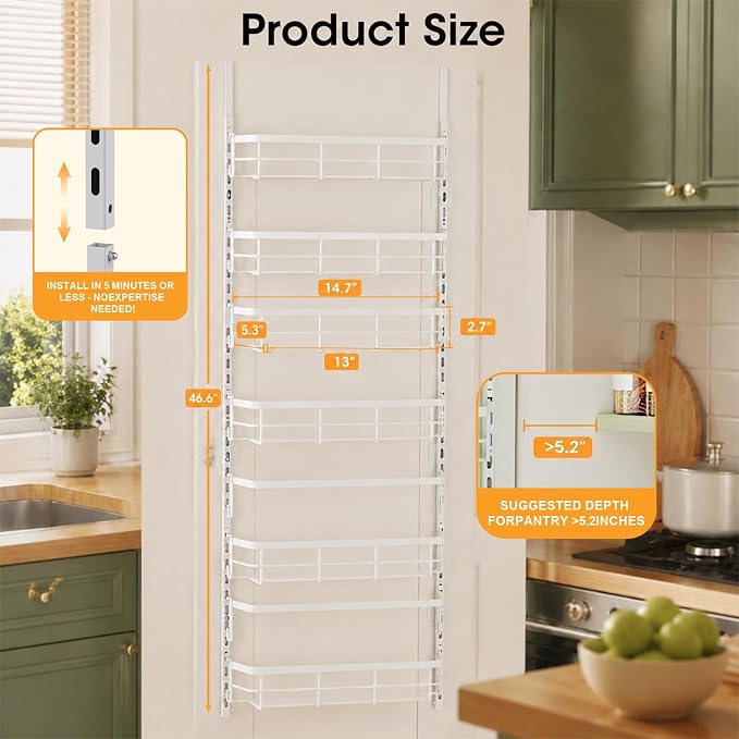 Apinol Over the Door Pantry Organizer, Adjustable 6 Tier Wide Storage Shelves with Hooks Fit Thin Doors Hold Spices Rack for Pantry Kitchen RV, White - Image 3