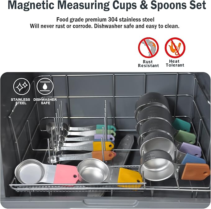 EDELIN Magnetic Measuring Cups and Spoons Set, Stainless Steel 7 cup and 7 spoon with 1 Leveler, 18/8 304 stainless steel (Multicolour 15 sets) - Image 4