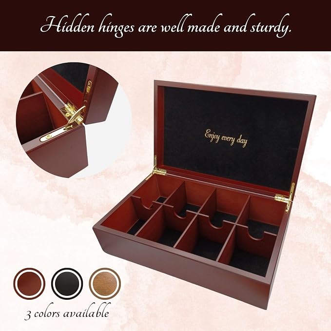 BJOYFUL&LOVED Wooden Tea Box, 8-Compartment Tea Organizer, Walnut Color | Removable Dividers Customize Storage for Tea Bags, Sugar Packets, Coffee Capsules, Jewelry, Watches and Small Accessories - Image 3