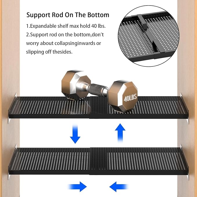 Adjustable Closet Shelves Organizers, Expandable for Cabinet Rack Storage Wardrobe Tension Shelving for Pantry Cupboard Kitchen (2 Perforated, W:7.87" x L: 17" to 31") - Image 6