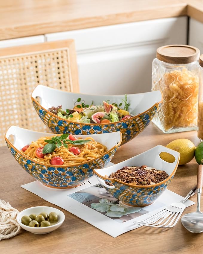 LAUCHUH Serving Bowls with Handles, Bohemian Porcelain Serving Dishes | Mixing Bowls for Entertaining Colorful Nesting Bowls Salad Bowls for Kitchen, Thanksgiving, Set of 3, 15/28/49 oz, Blue & Red - Image 5