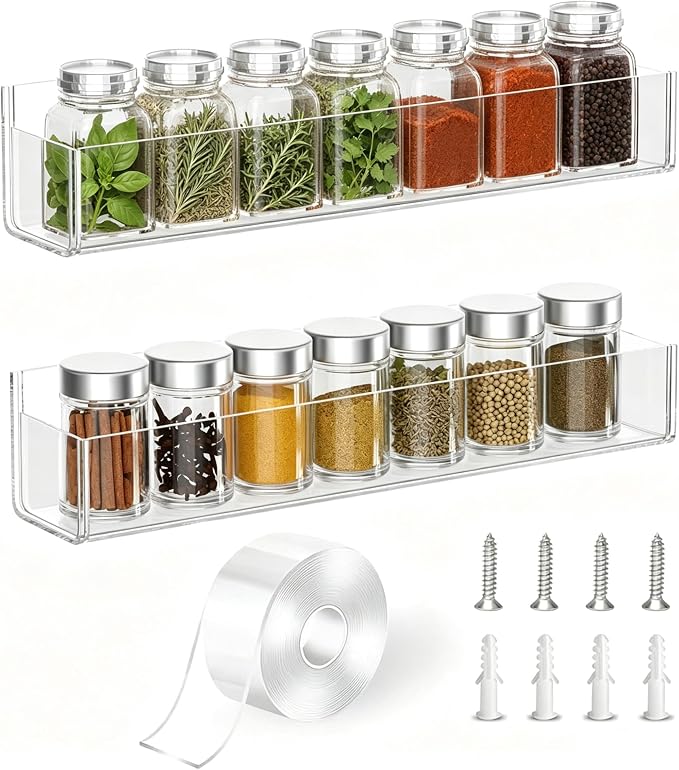 PMMASTO Adhesive Acrylic Spice Rack Organizer for Wall with Nano Double Sided Tape, Spice Shelf Organization for Kitchen Cabinet Door/Pantry Door, Wall Mount Seasoning Rack (Clear-2 Pack) by PMMASTO